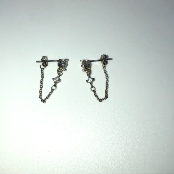 STERLING Silver & Cz Stones Stud Earrings w Chain Attached to Backing .7” - Picture 3 of 6